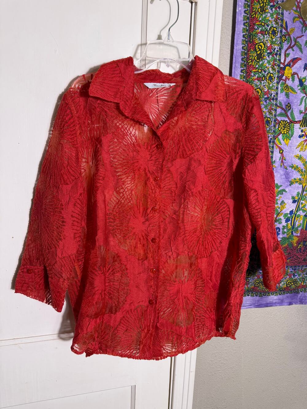 TanJay Red Burnout Blouse Sheer Textured Button Up Artsy Abstract L XL
